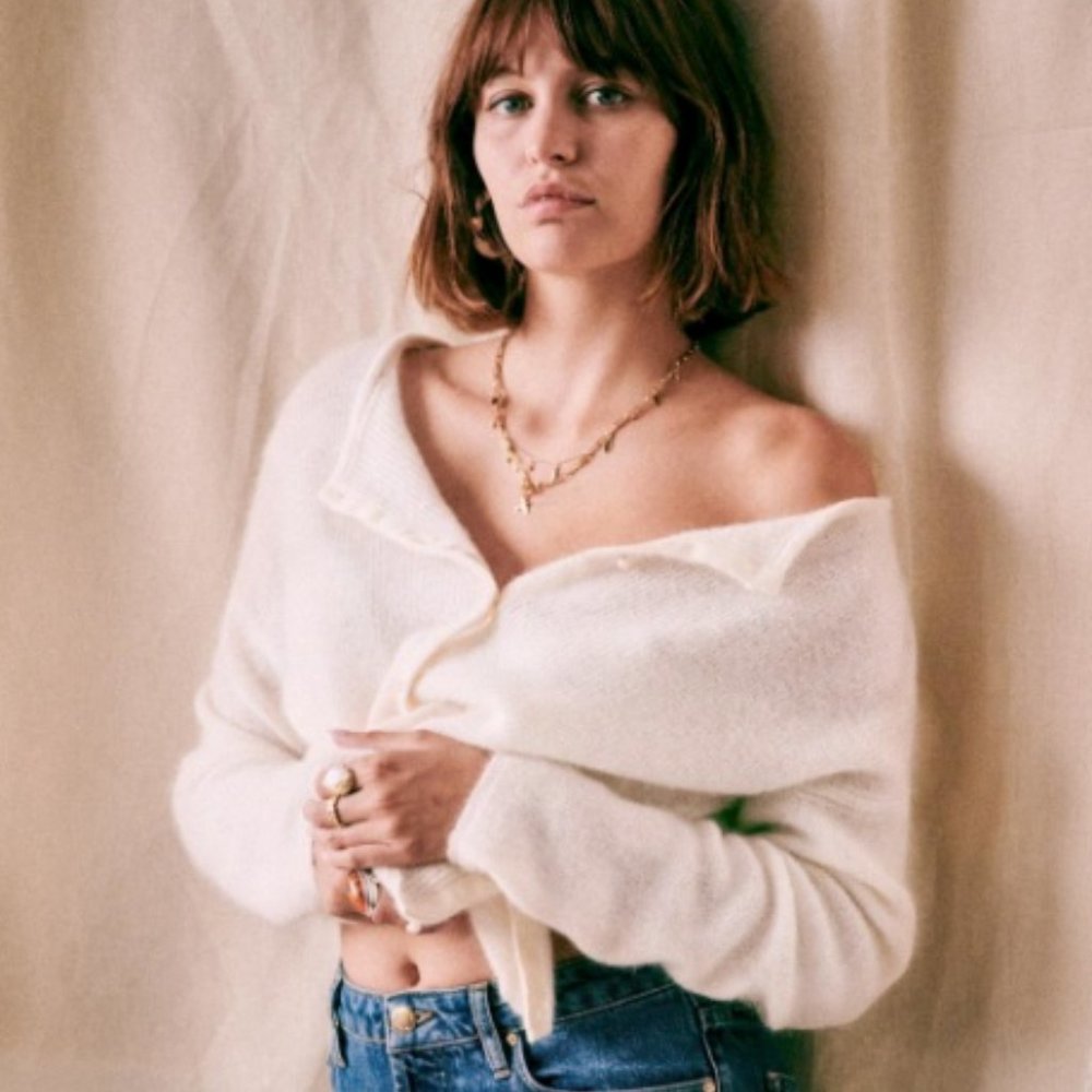Sezane Cream Off-Shoulder Soft Knit Cardigan